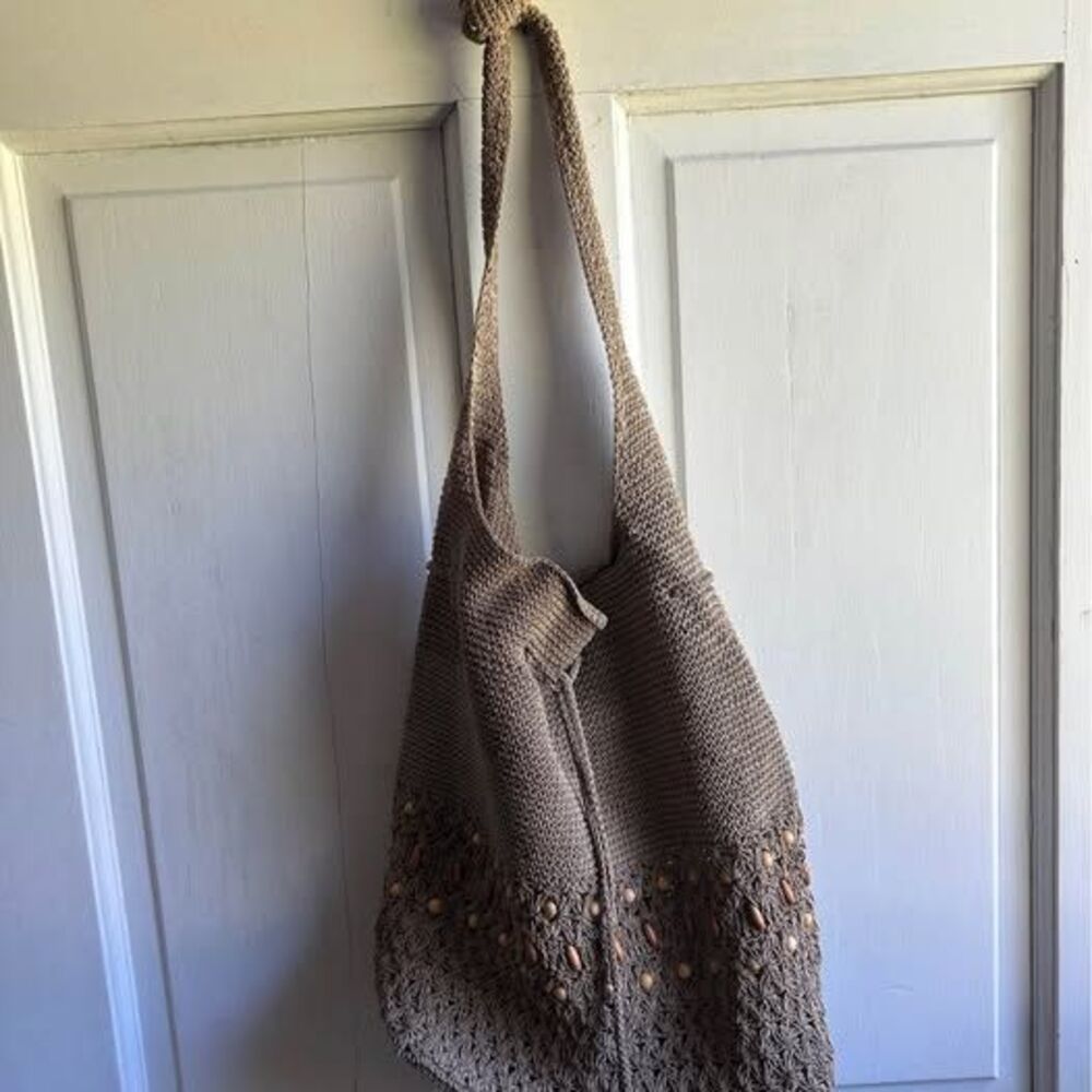 Woven Crochet Hobo Bag with Wood Beads